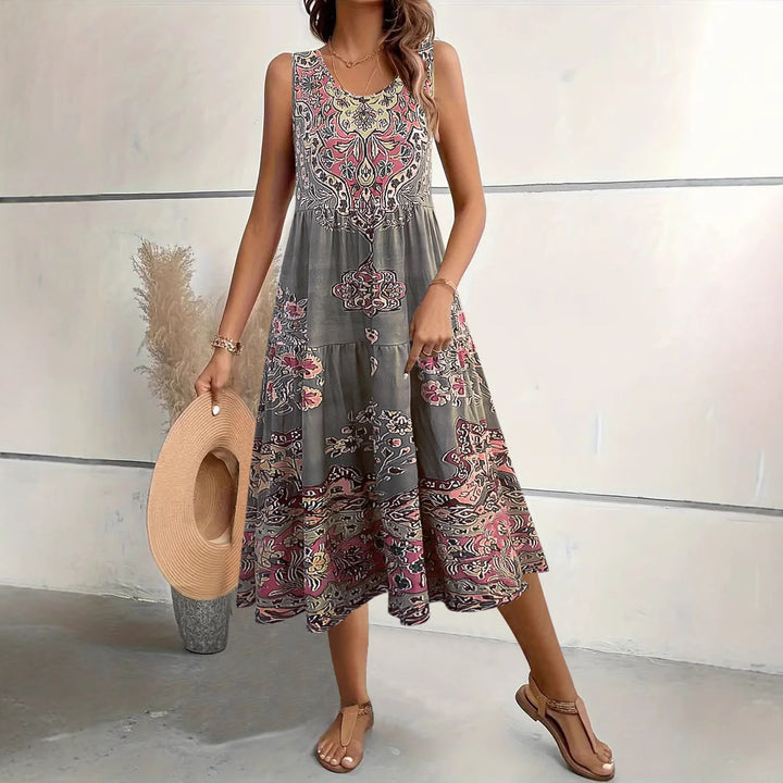 Maxi dress for women with playful ethnic pattern and fluid cut Lune London