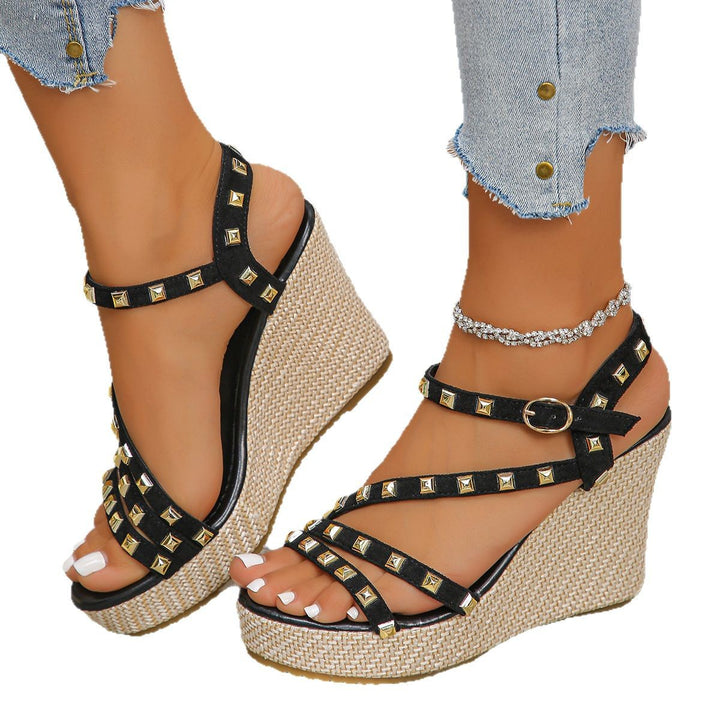 Wedge sandals for women with elegant studs and a braided heel Lune London
