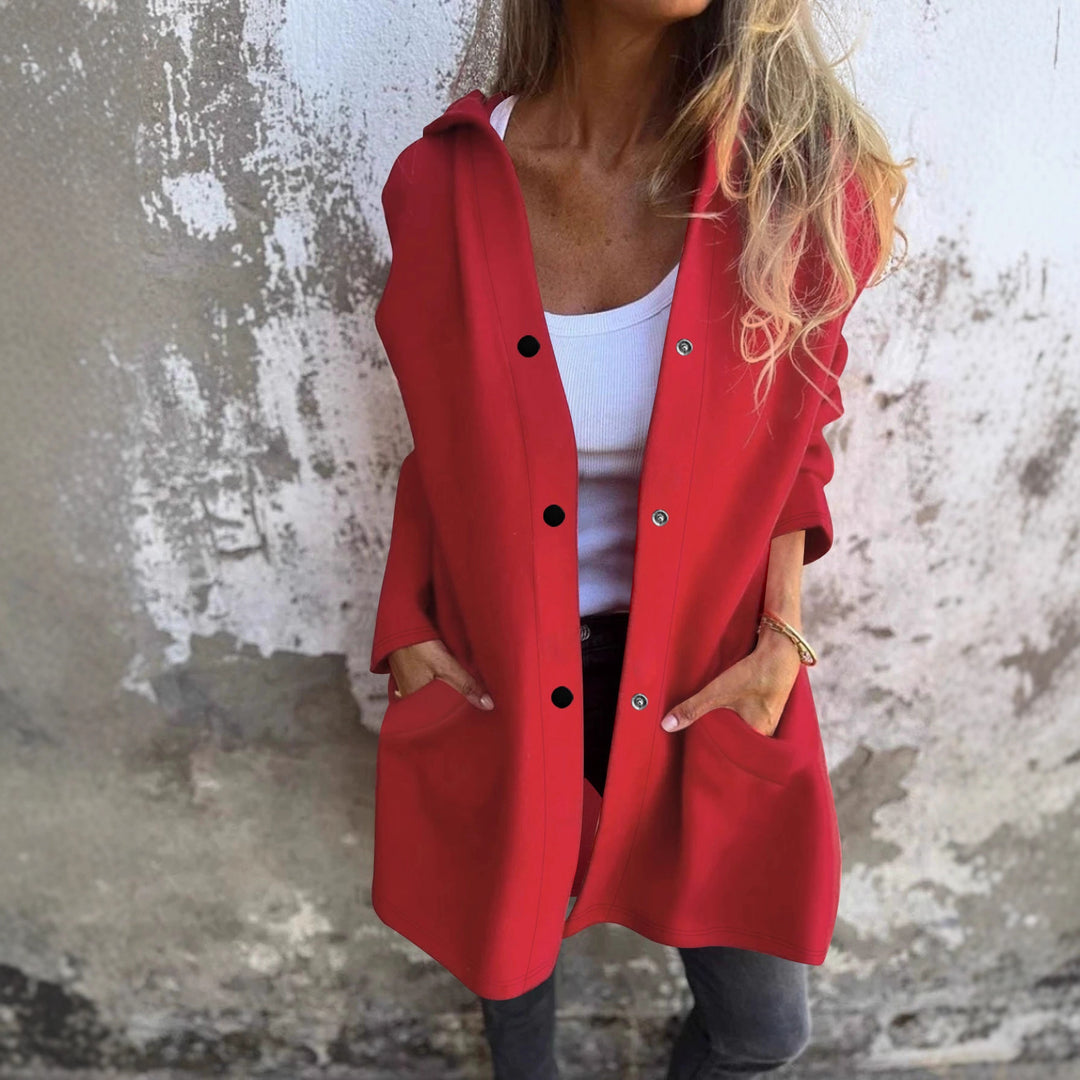 Ladies trendy long cardigan with hood and practical pockets Lune London