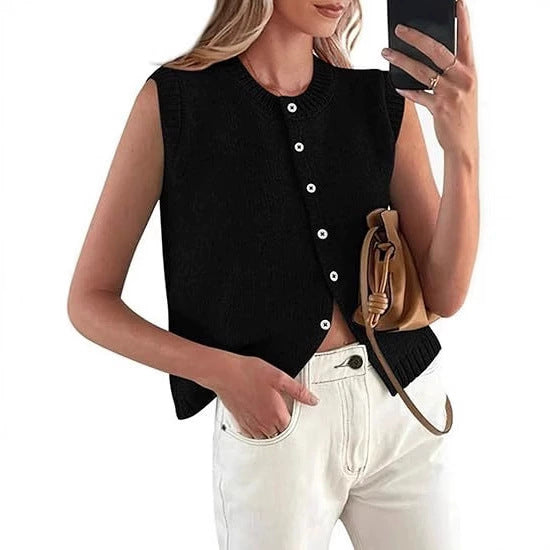 Women's Casual Knitted Vest with Button Placket and Round Neck Lune London