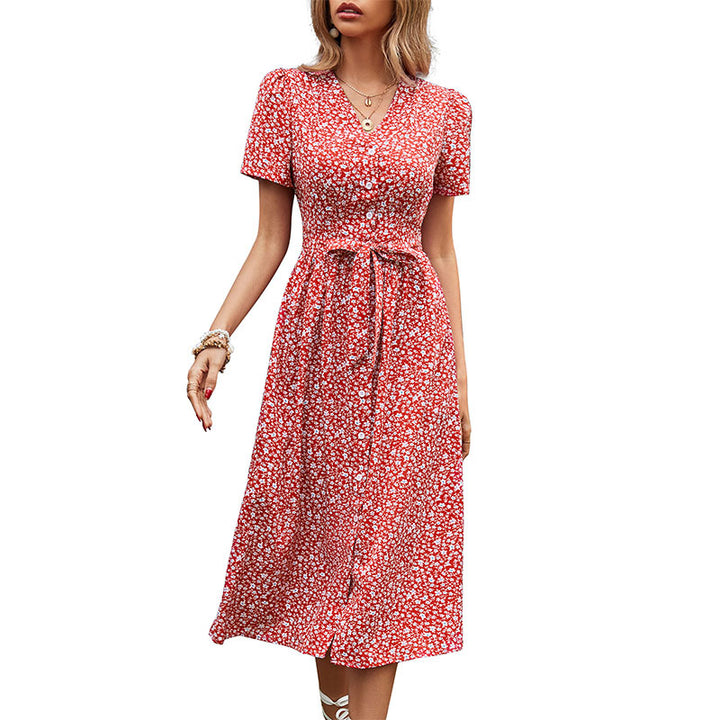 Midi A-line dress for women with button closure at the front and waist with tie belt Lune London