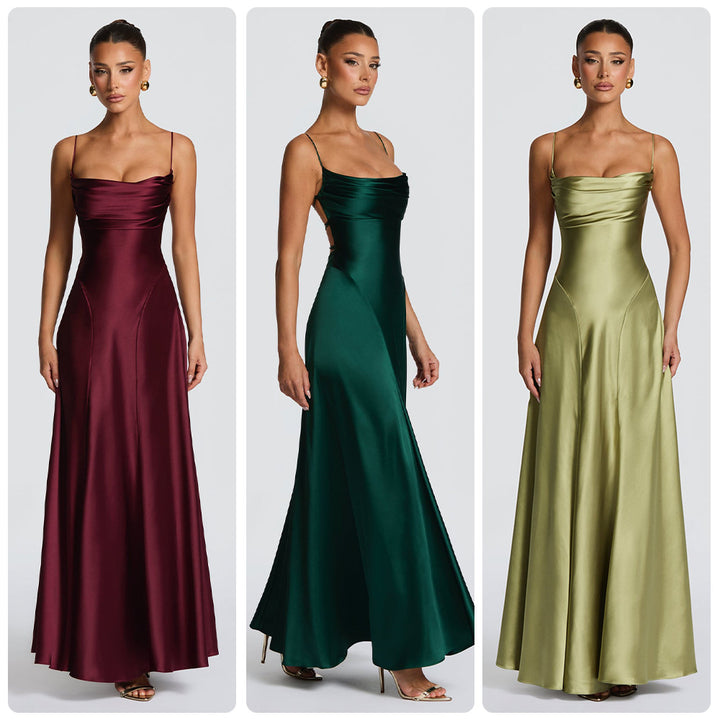 Women's Elegant Maxi Dress with Refined Spaghetti Straps and Flowing Satin Lune London