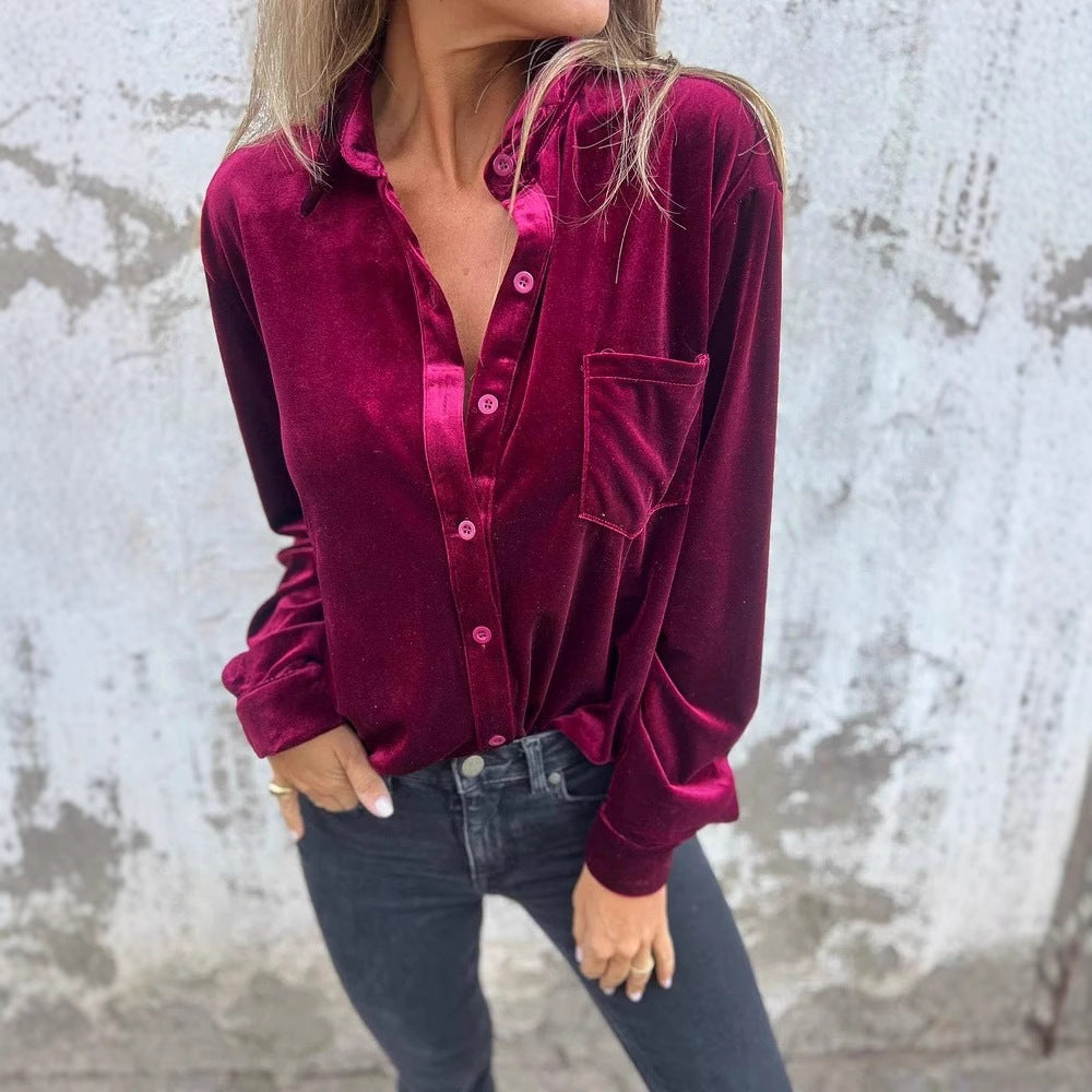 Women Elegant velvet blouse with classic shirt collar and long sleeves Lune London