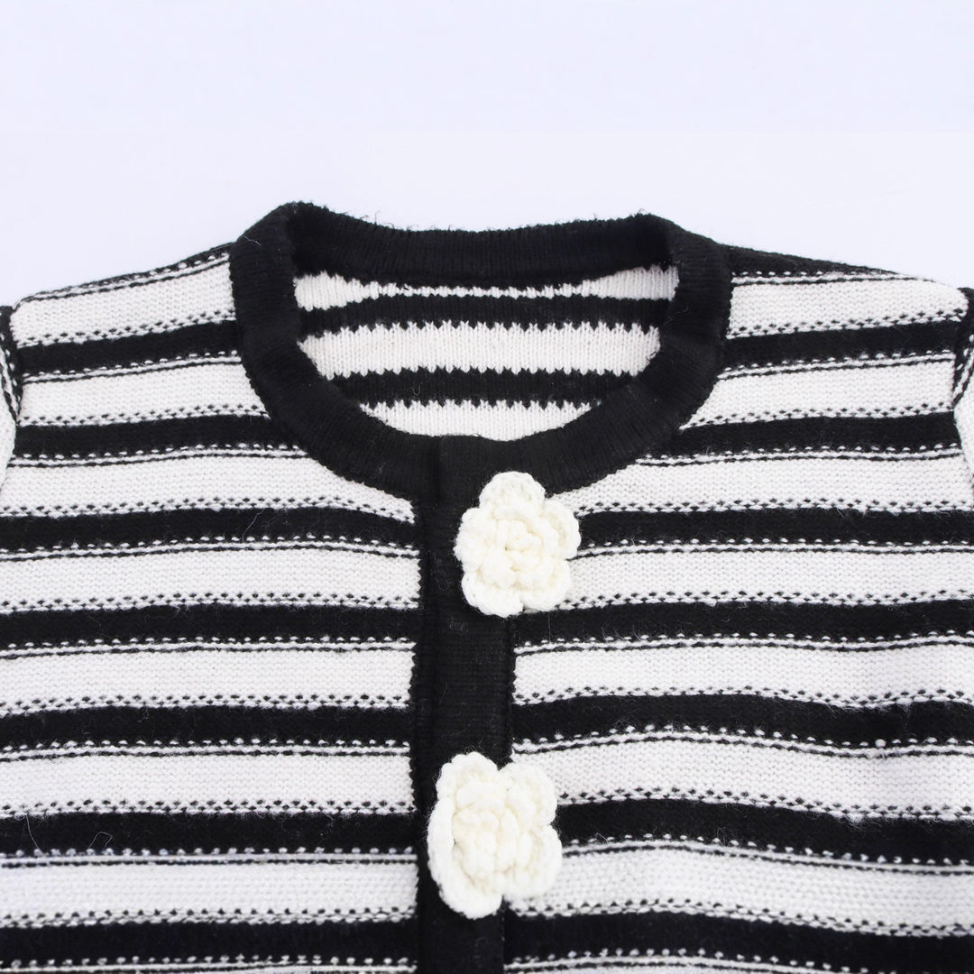Striped knit jacket for ladies with floral button details Lune London