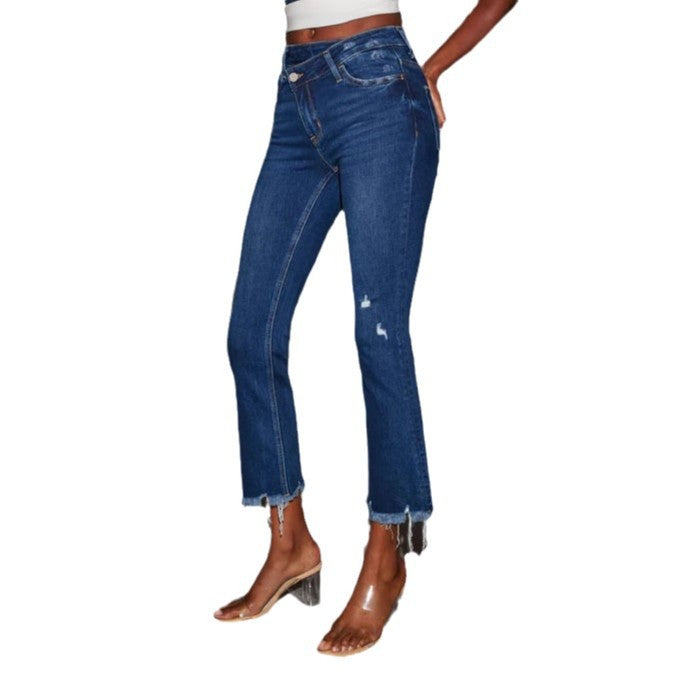 Women's flared jeans with trendy destroyed details and frayed hems