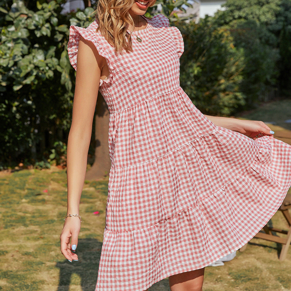Robe à carreaux sans manches pour femmes avec jupe évasée Chic & Stil