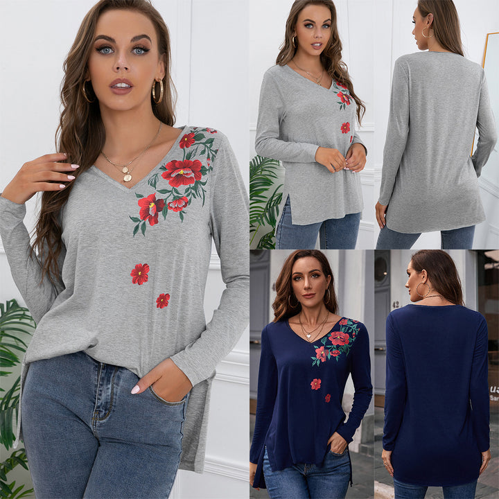 Long sleeve women's t-shirt with floral print and V-neck Lune London