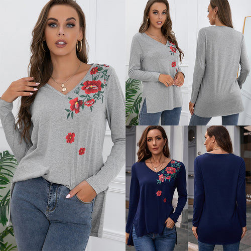 Long sleeve women's t-shirt with floral print and V-neck Lune London