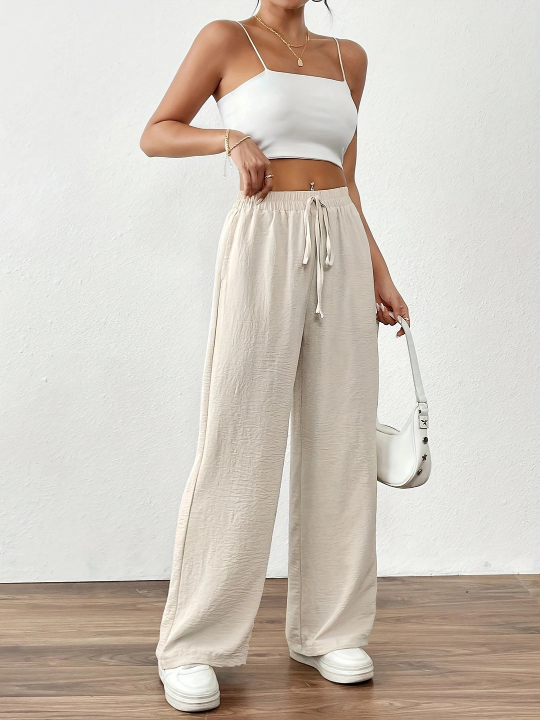 Wide Palazzo pants for women with elastic waistband and adjustable tie cord Lune London