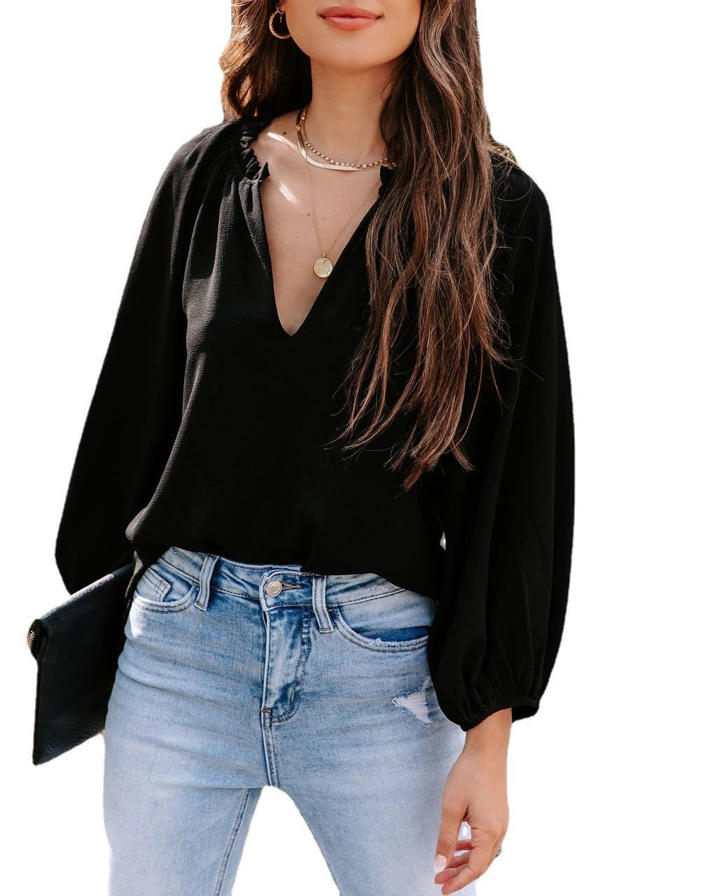 Blouse women with deep V-neck and elegant puff sleeves Lune London