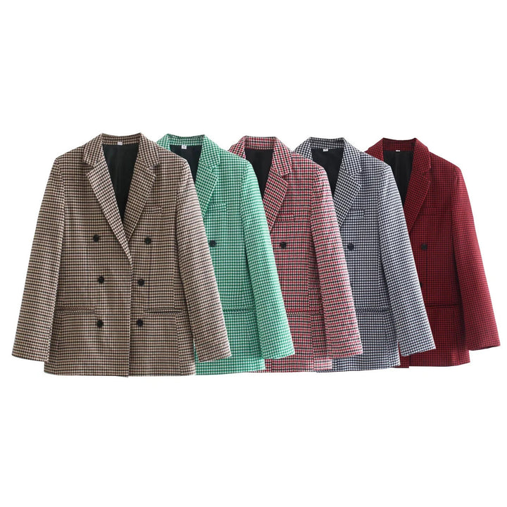 Lune London double-breasted blazer for women with plaid pattern