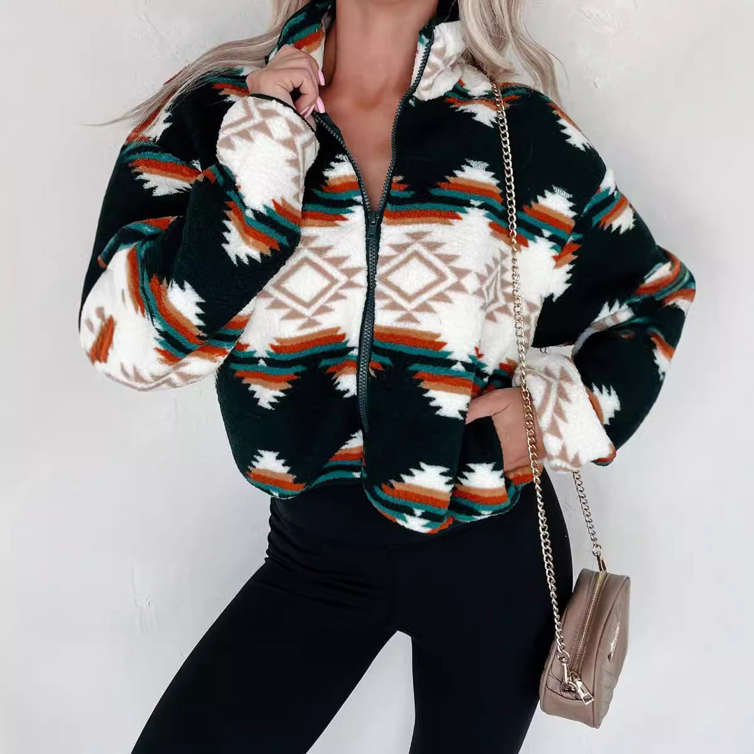 Women short sleeve fleece jacket with trendy ethnic design Lune London