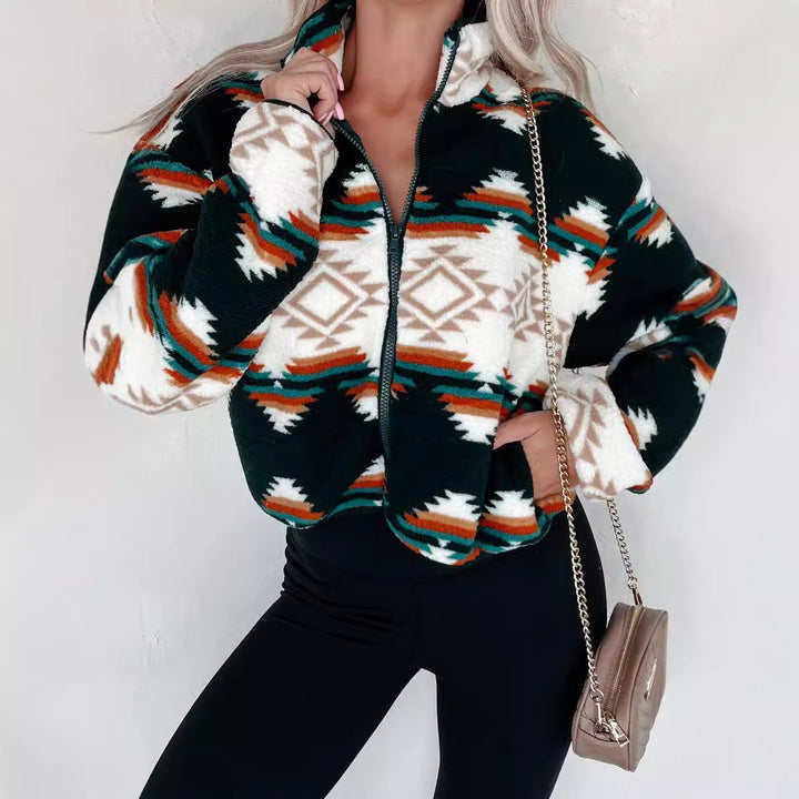 Women short sleeve fleece jacket with trendy ethnic design Lune London