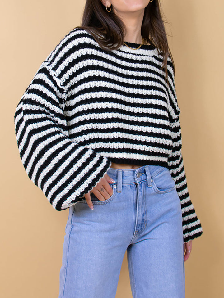 Women Short Knit Sweater with Flared Sleeves and a Chic and Stylish Striped Pattern