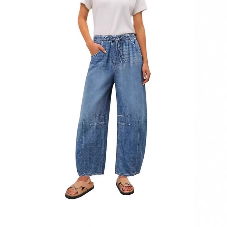 Women’s wide denim trousers with elastic waistband and practical cut Lune London