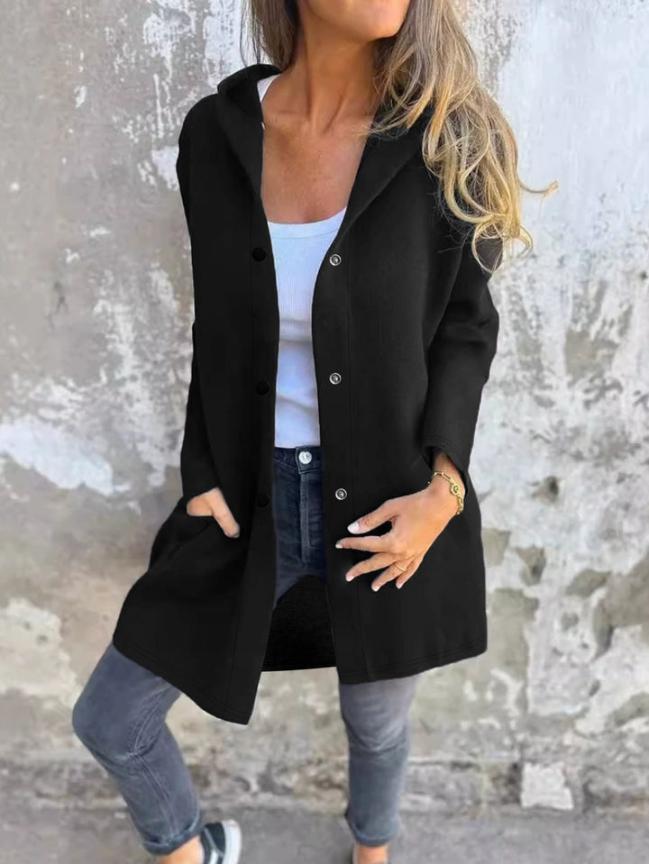 Ladies trendy long cardigan with hood and practical pockets Lune London