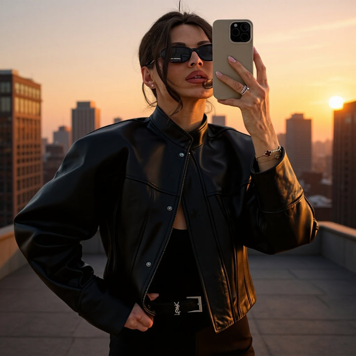 Veste en cuir synthétique élégante pour femmes avec col relevé élégant et design texturé Chic & Stil