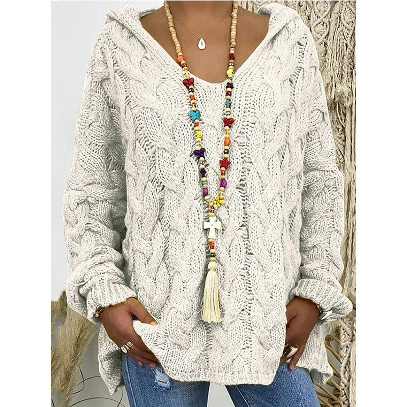 Ladies hoodie in chunky knit with V-neck and decorative cord Lune London