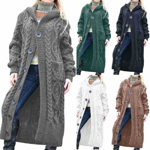 Women Long Knitted Coat with Hood and Classic Braid Design Lune London