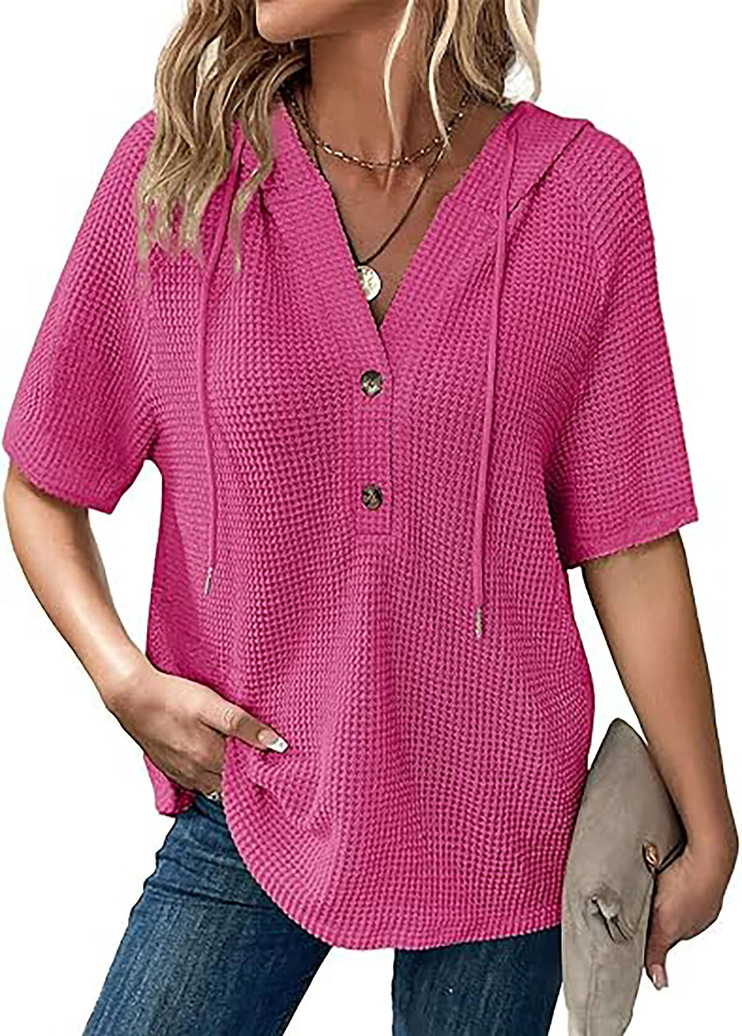 Short-sleeve blouse with embossed structure for ladies with hood and button placket Lune London