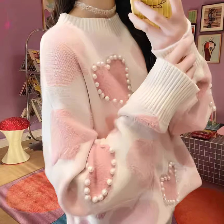 Ladies Knitted sweater with heart-shaped appliqués and ribbed collar Lune London