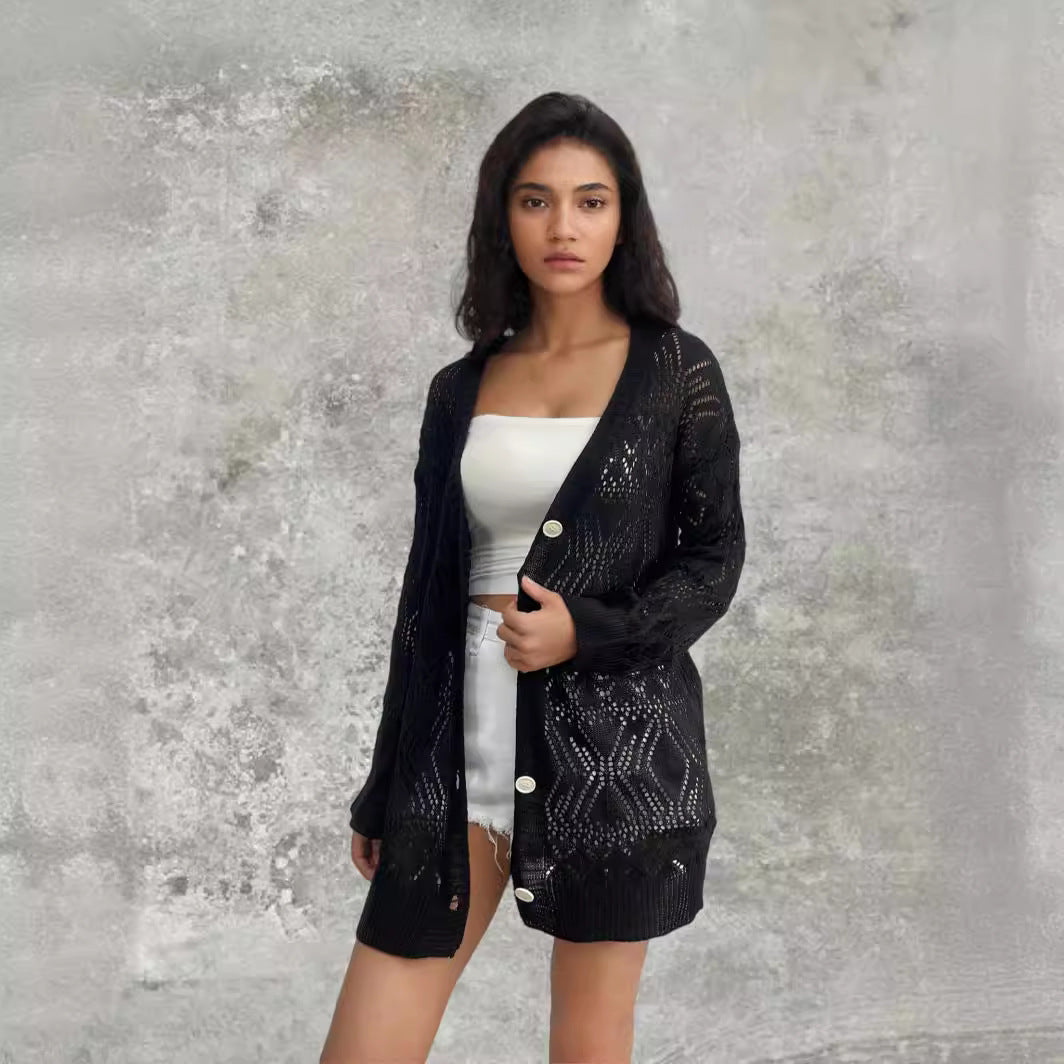 Knitted cardigan for women with airy patterns and button details Lune London