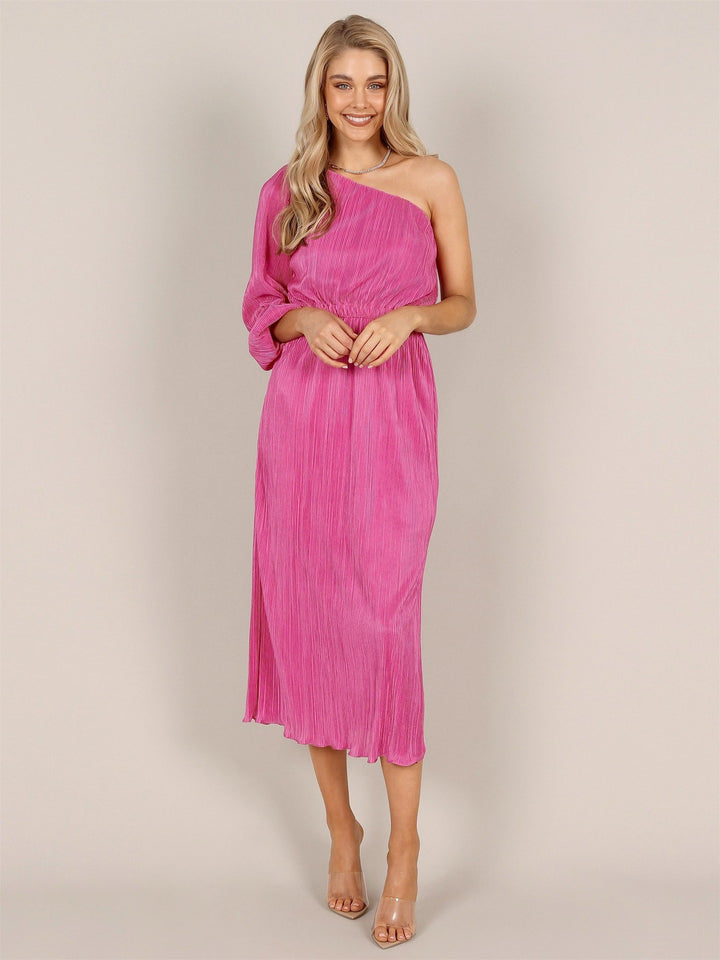Asymmetrical pleated dress for women with waist belt Lune London