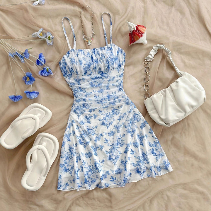 Women's summer floral dress with spaghetti straps and gathers Lune London
