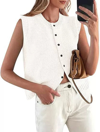 Women's Casual Knitted Vest with Button Placket and Round Neck Lune London