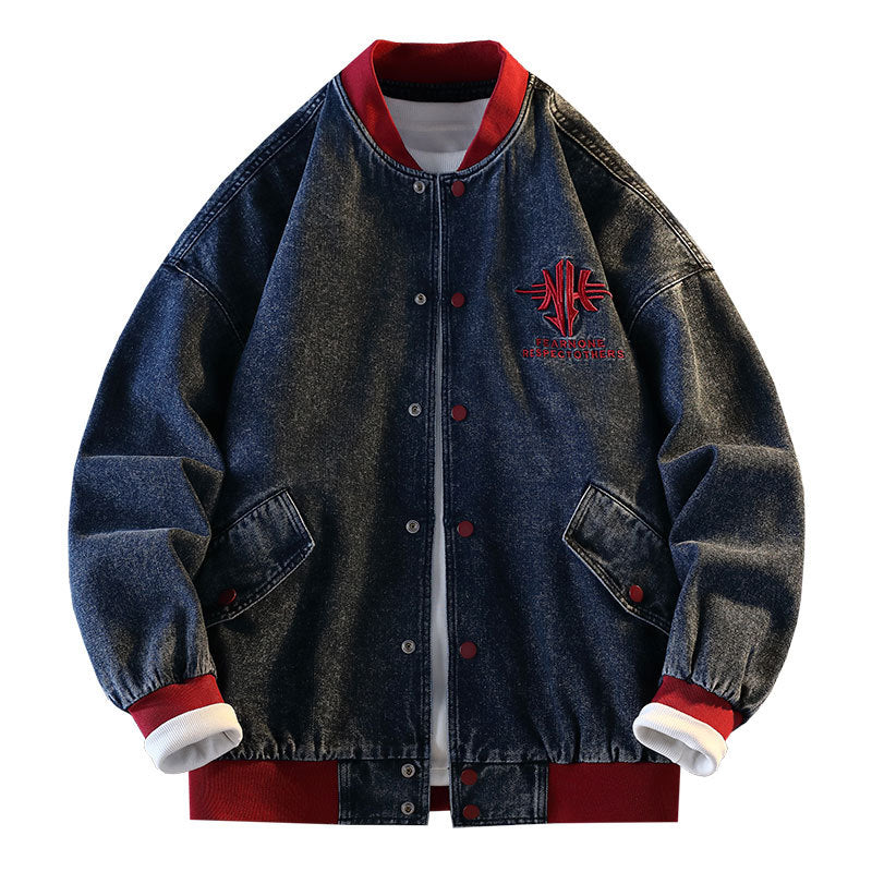 Men's casual denim jacket with university style and embroidered Lune London logo