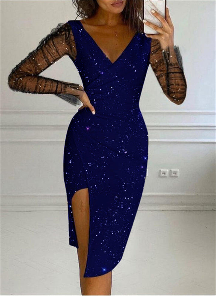 Ladies Elegant Wrap Dress with Transparent Sleeves and Shimmering Star Pattern Lune London