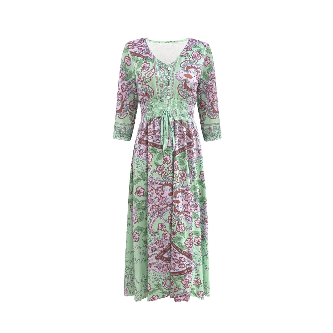 Maxi dress for ladies with paisley floral pattern and flattering V-neck Lune London