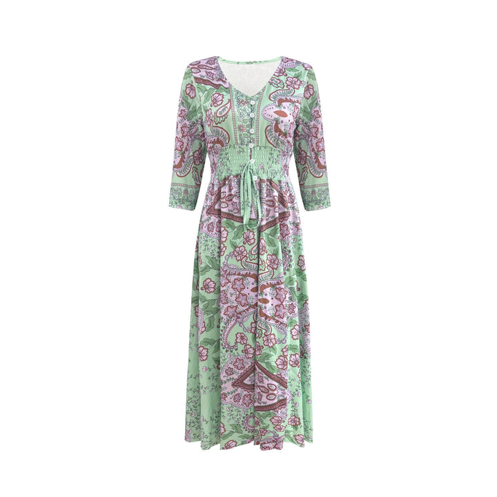 Maxi dress for ladies with paisley floral pattern and flattering V-neck Lune London