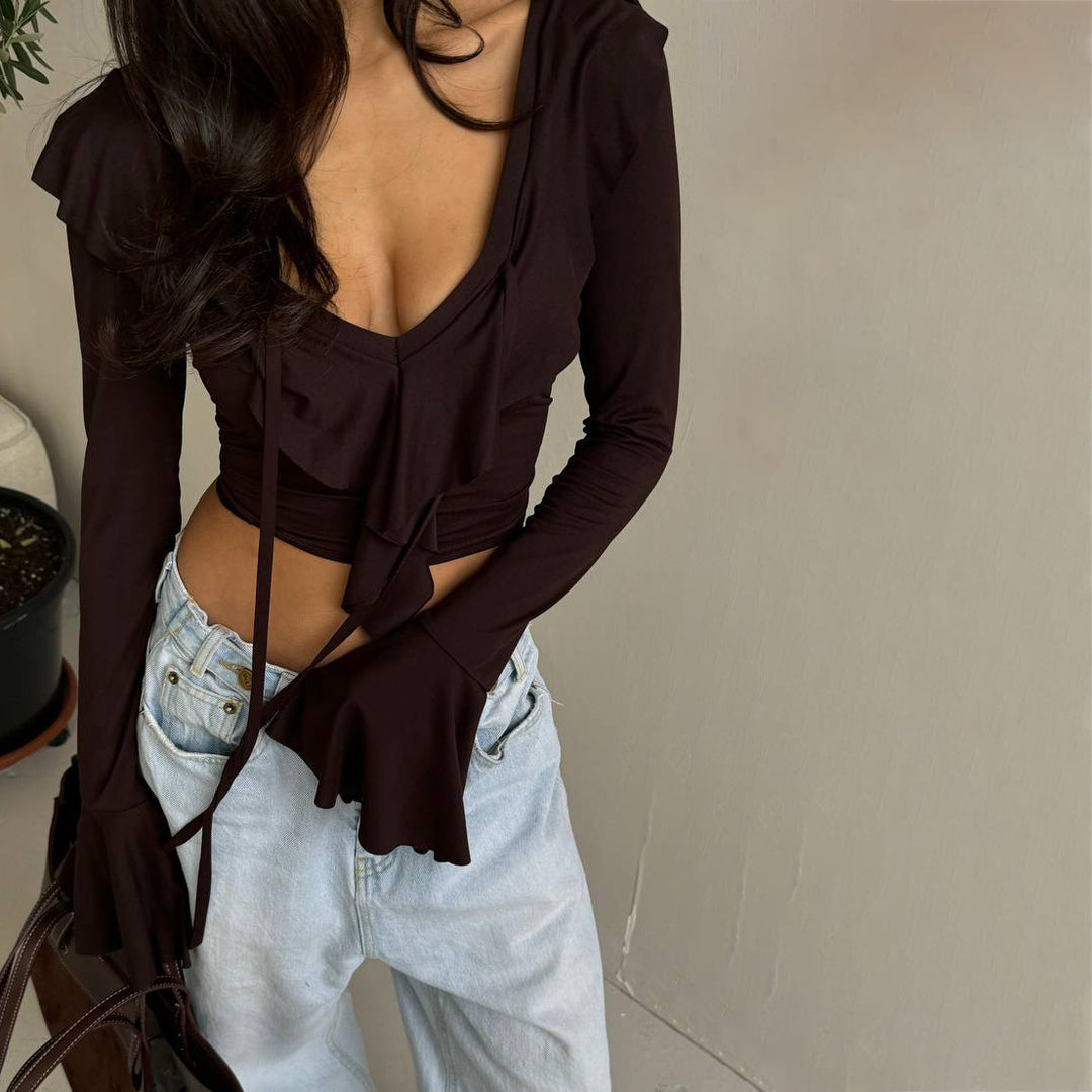 Long sleeve blouse for women with ruffles and plunging V-neck Lune London