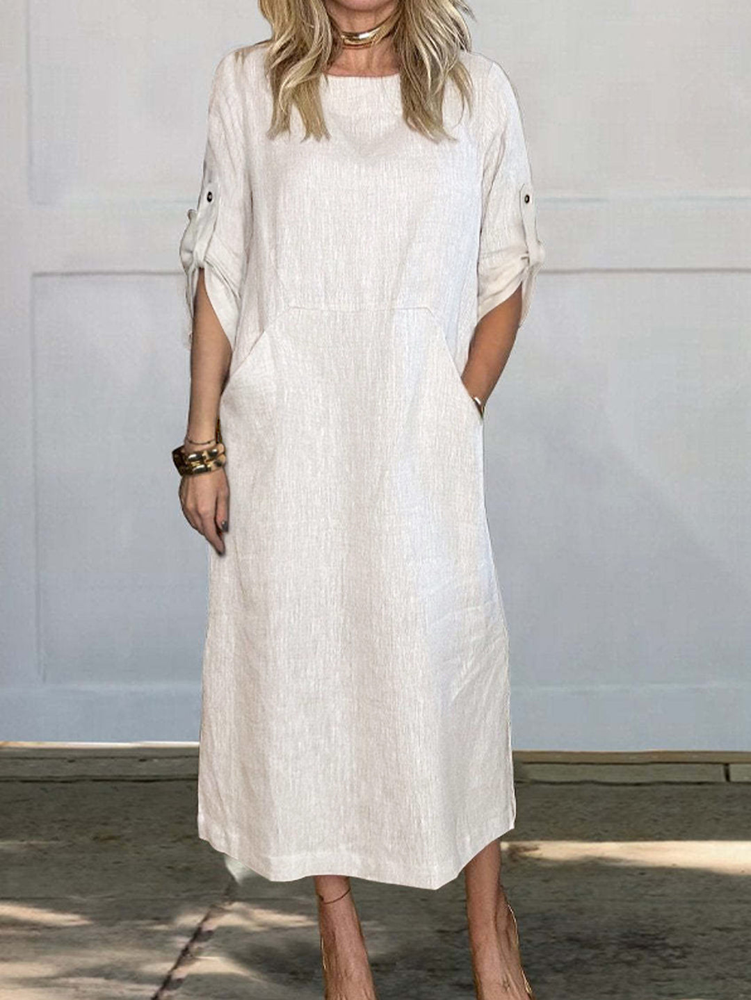 Airy midi dress for women with practical pockets and roll-up sleeves Lune London