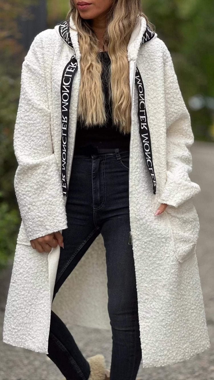Long fleece coat for women with hood and convenient pockets Lune London
