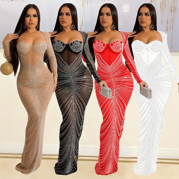 Elegant evening dress in transparent rhinestones for women Lune London