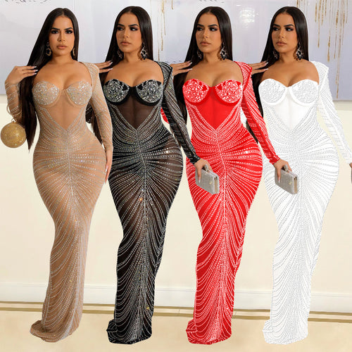 Elegant evening dress in transparent rhinestones for women Lune London
