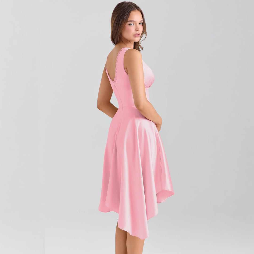 Women Playful Evening Dress with Asymmetrical Hem and Delicate Button Details Lune London