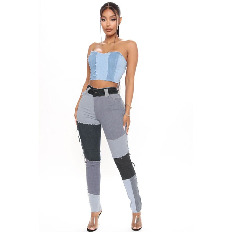 Women's jeans pants with trendy patchwork design, high waist and fitted cut Lune London