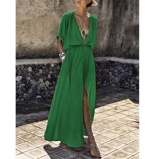 Women's Elegant Maxi Dress with Deep V-Neck and High Slit Lune London