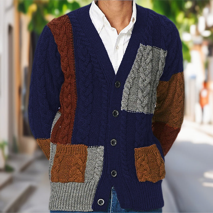 Men's knitted jacket with modern embossed pattern and matching pockets in Lune London color