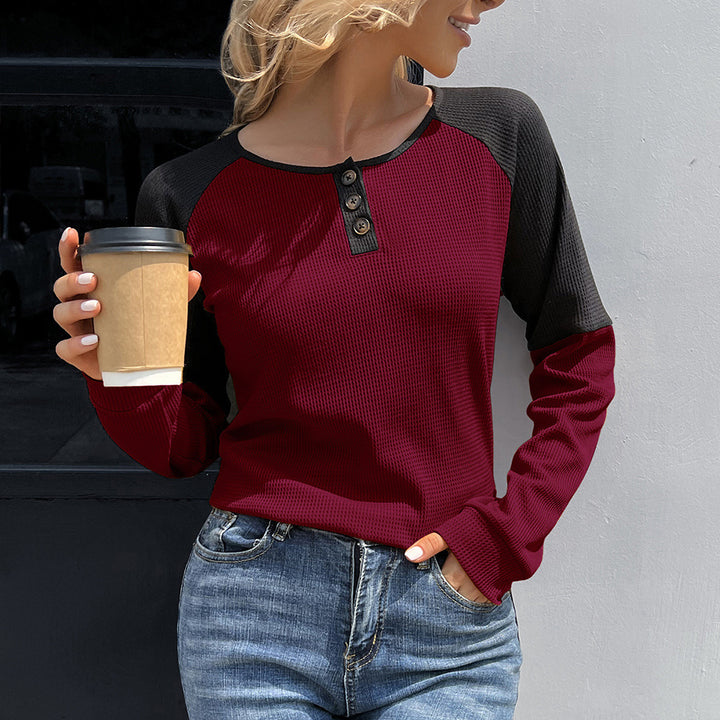 Casual women's Henley shirt in textured fabric with contrasting sleeve design Lune London