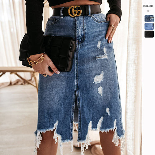 Jupe en denim décontractée pour femme avec ourlet asymétrique et détails déchirés Chic & Stil
