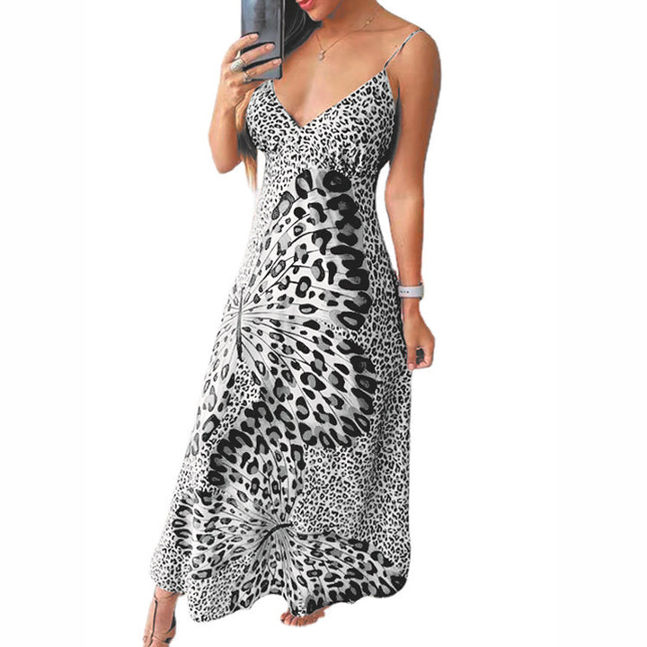 Maxi dress for women with a fine spaghetti strap design and a striking animal pattern Lune London