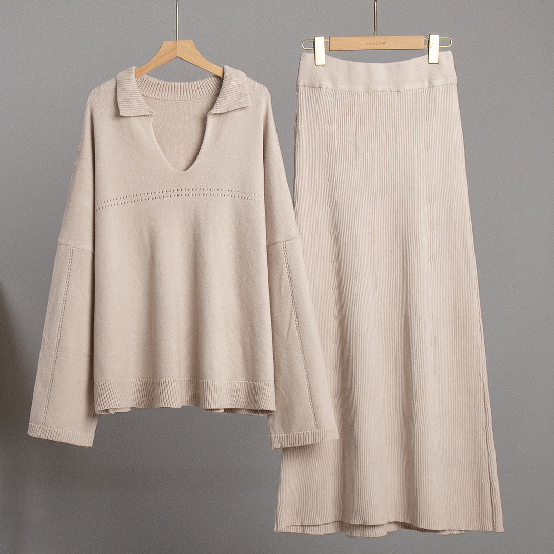 Modest knit set for ladies with a loose fit and deep V-neck Lune London