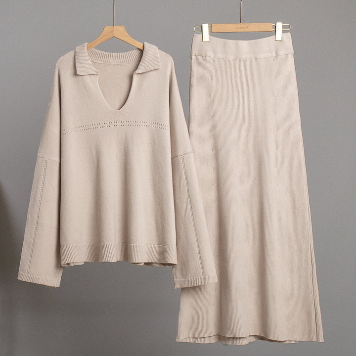 Modest knit set for ladies with a loose fit and deep V-neck Lune London