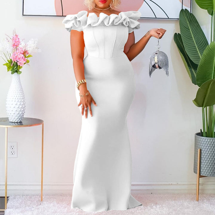 Fitted evening dress for women with voluminous ruffle collar Lune London
