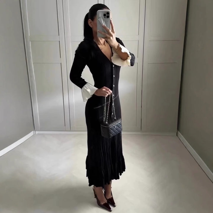 Maxi dress for women with elegant ruffled sleeves and chic button details