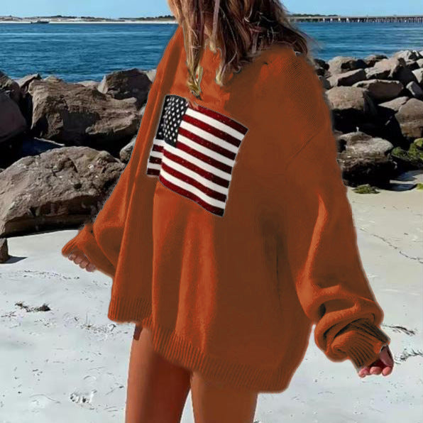 Casual plush sweater for ladies with a large American flag pattern Lune London